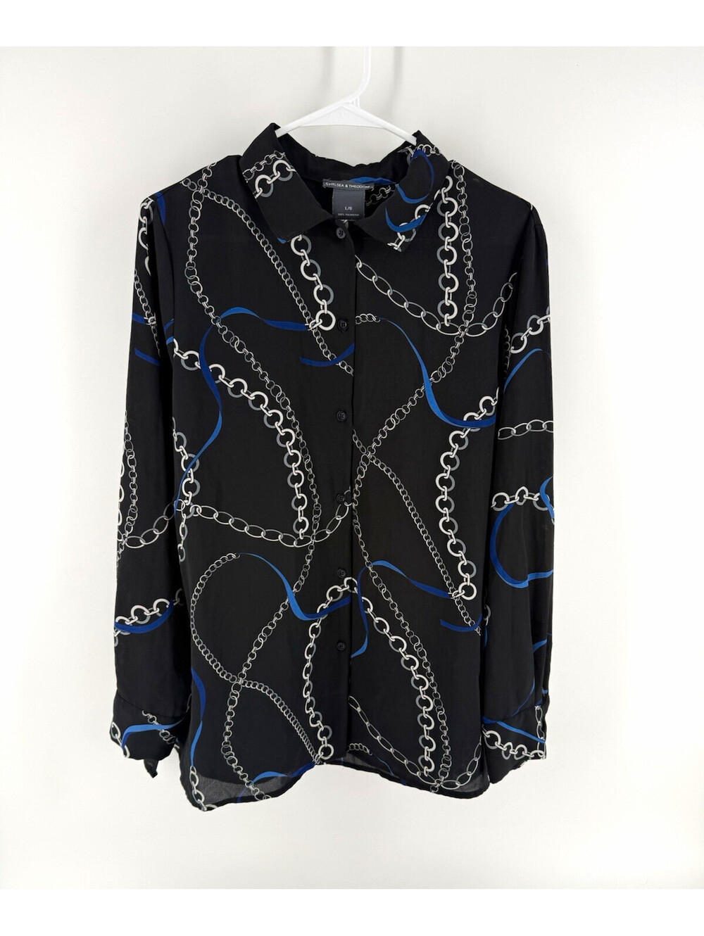 Chelsea & Theodore Women's L Black/Blue/White Chain Print Chiffon Button-Down